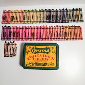 Vintage 90s Crayola Crayon Metal Box with Huge Lot of Crayons Retired Colors